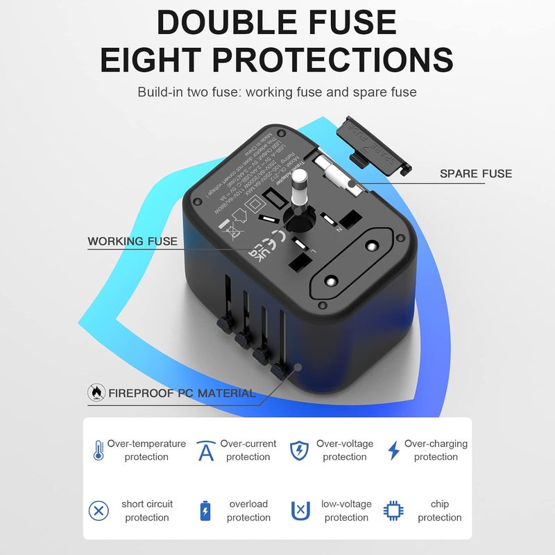 VYLEE Universal Travel Adapter, 5 in 1 International Power Adapter, 3.5A 2xUSB-A and 2xUSB C Wall Charger, Worldwide Travel Essentials Plug for Europe USA UK AUS Asia (Black) - Image 3